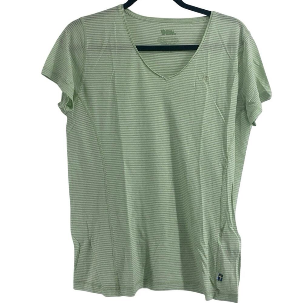 Fjällräven Abisko Cool T-Shirt Women XL Lime Green Stripe V-Neck Outdoor Hiking